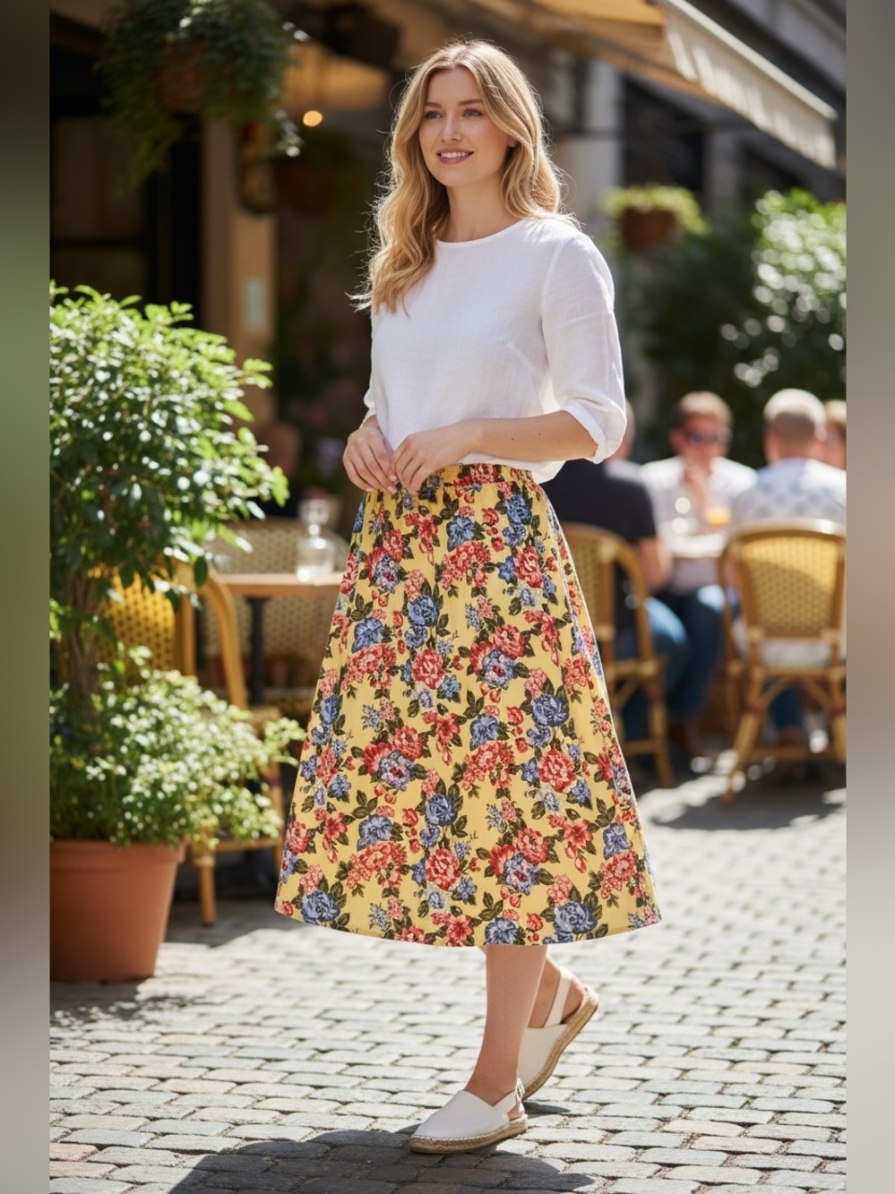 Talbots Floral Yellow Pink Blue Midi Skirt Cottage Elastic waistband A-line PS